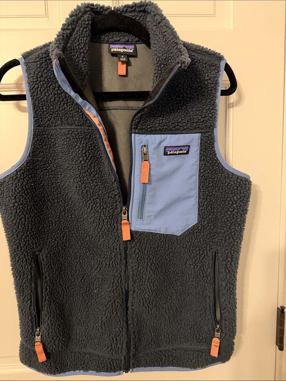Patagonia Kids Gray Sherpa Vest with Light Blue Pocket and Orange Accents